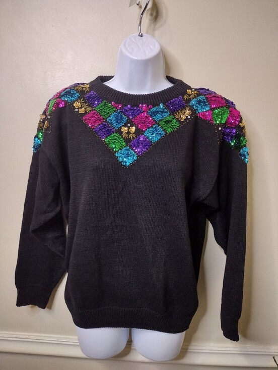 Vintage Sweaters - Vintage 1980's Jessica Stevens Black Raime Sequin Embellished Crewneck Sweater